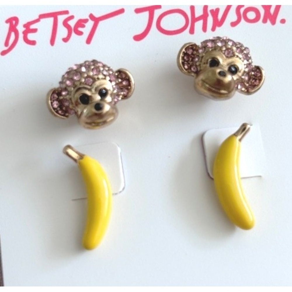 Betsey Johnson Monkey and Banana Stud Earrings Set Pink Rhinestone Yellow Enamel